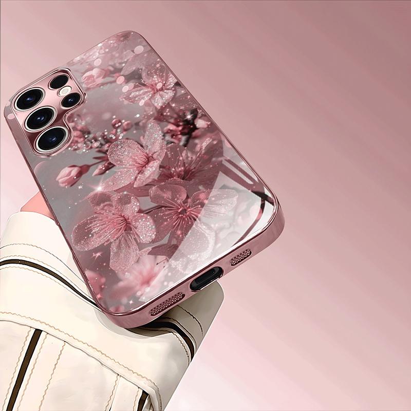 Pink Cherry Blossom Pattern Metallic Tempered Glass Phone Case For iPhone 17 Pro Max 11 12 13 14 15 16 Pro Plus 17 Air 17E Cover