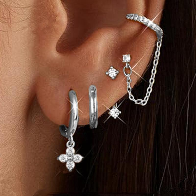 4PCS Double Piercing Chain Huggie Hoop Earring Lot For Women Tragus Stud Earrings Flower Cartilage Helix Jewelry Lobe Earing Set