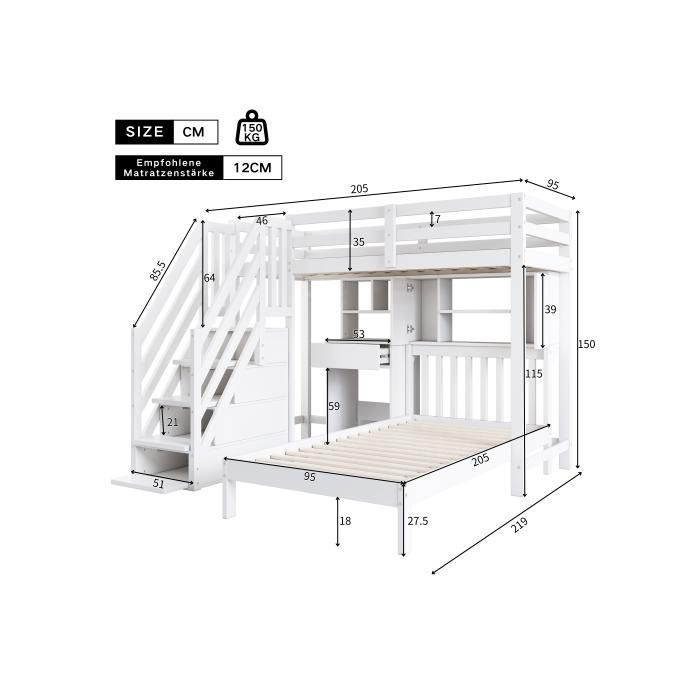 Pat de copil - MUVOE - 90x200 - Alb - Birou și etajeră integrate - 2 locuri