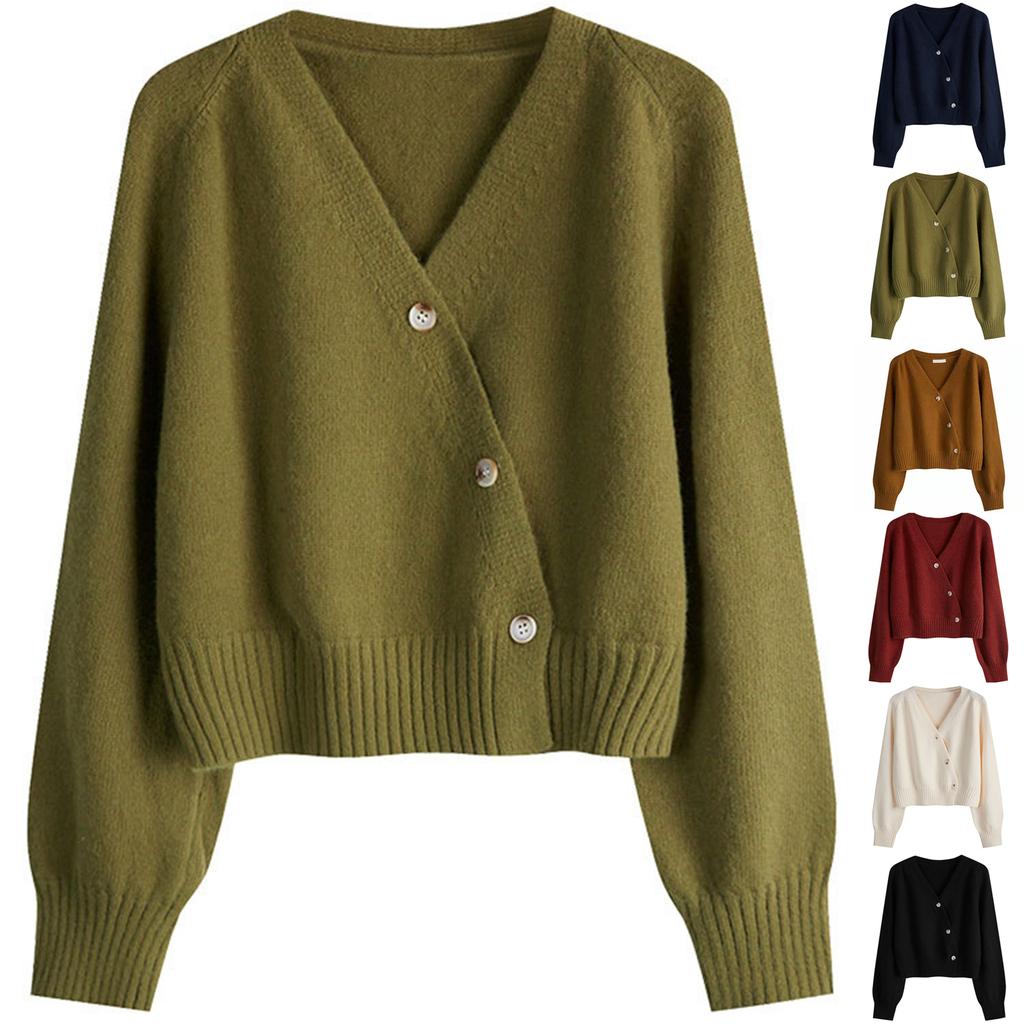 Women's Solid Color V-neck  Breasted Short Loose Cardigan Sweater Jacket