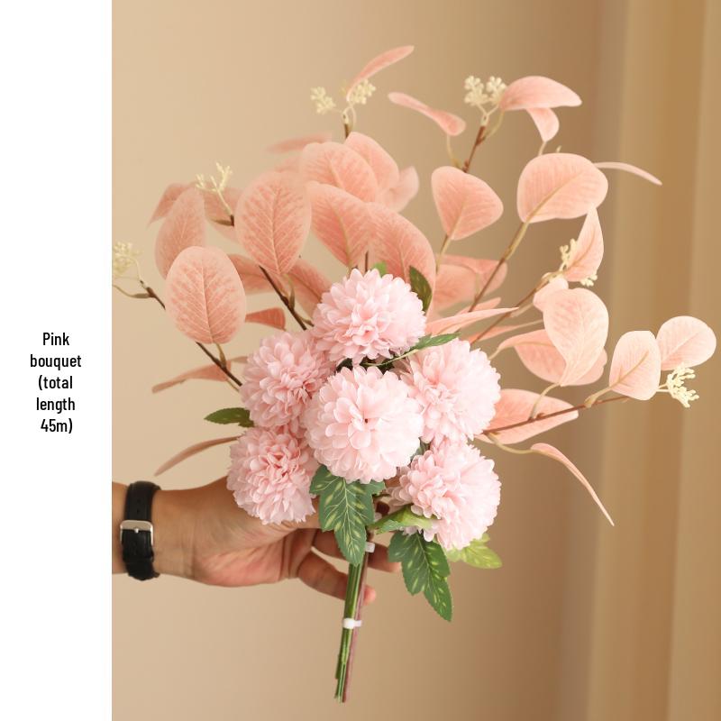Eucalyptus Ball Chrysanthemum Bouquet in Ceramic Vase - Artificial Dried Flowers for Living Room or Dining Table Decor