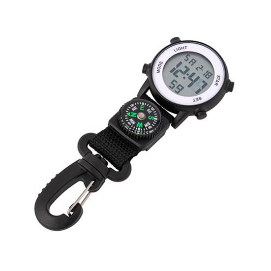 Orologio da tasca Multifunzione Movimento al quarzo Resistente all'acqua Display digitale Bussola accurata Quadrante rotondo Sport Escursionismo Moschettone Orologio da tasca