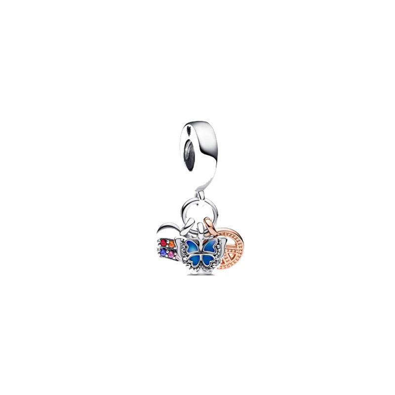 European And American New Beaded White Copper Silver-Plated Blue Series Feather String Decoration Butterfly Pendant Diy Accessories