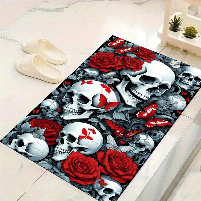 1pc Red Roses White Skulls Print, Design Indoor Area Rug - Soft, Anti-Slip, and Durable Gaming Room Decor for Bedroom, Living Room