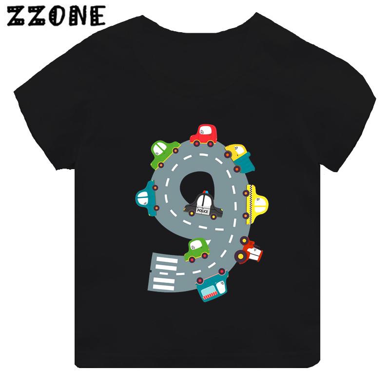 Hot Sale Different Car Print Funny Boys Clothes 1 2 3 4 5 6 7 8 9 Years Birthday Number Cartoon Kids T shirt Baby Girls TShirts