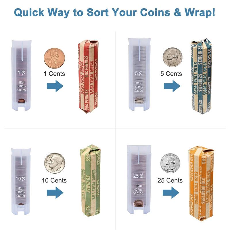 4-In-1 Coin Counter And Sorter Tube Set With Holder,Piggy Bank Penny Nickel Dime Quarter Roll Organizer