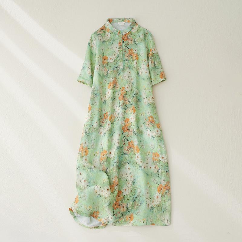 

Летнее новое платье из свежего хлопка и льна с принтом, женское свободное и тонкое платье-миди с воротником-стойкой и рукавом три четверти, с цветочным принтом 2XL