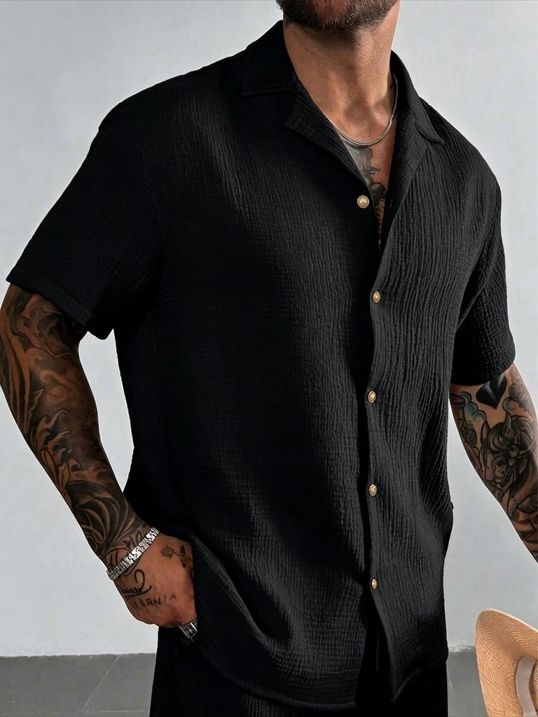 Men's White Crinkled Cotton Cuban Collar Short Sleeve Shirt with Gold Buttons - Lightweight Summer Vacation Top