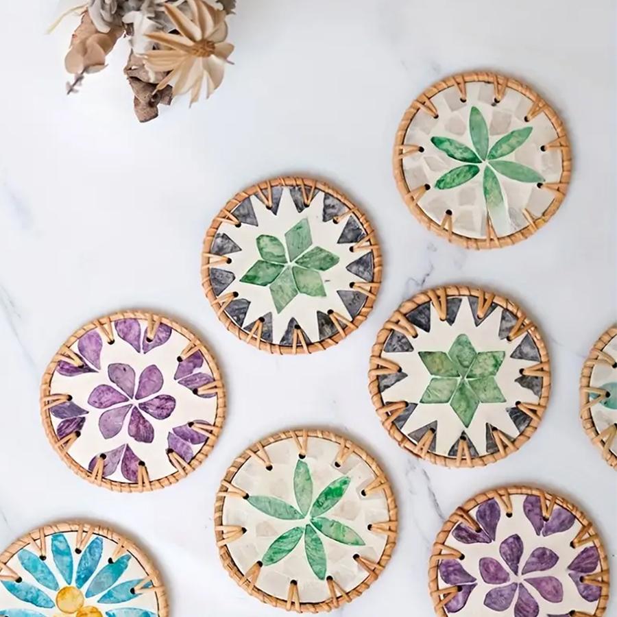 Handmade Rattan And Ceramic Shell Coasters Creative Colorful Round Coffee Table Mats Decor Bowl Mats For Home Decor