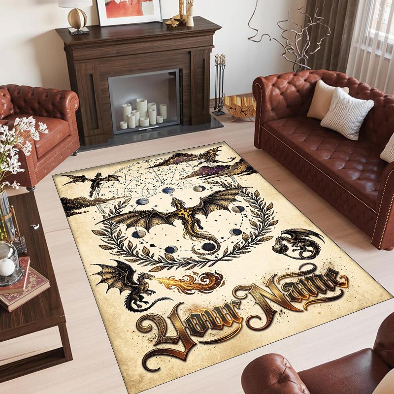Dragon Theme Crystal Velvet Rug Personalized Custom Name Text Soft Floor Mat Home Decor