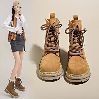 Martin Boots Women'S Spring And Autumn Brown Heightening Tooling Western Cowboy Boots Platform Short Boots