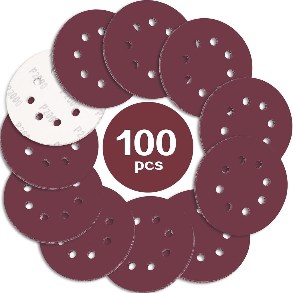 100PCS 125mm Sanding Discs, 5 Inch 8 Hole Hook and Loop Sanding Pads for Random Orbital Sander(40 to 2000Grits)