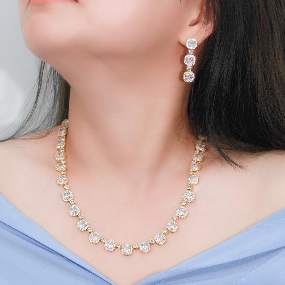 Zircon Necklace Earrings Set Chain Full Diamond Wedding Dress Dinner Accessories Two-Piece Set