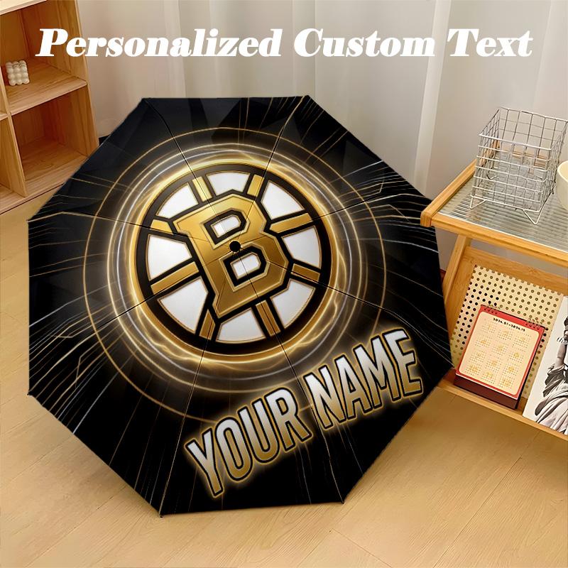 Boston Bruins Automatic 8‑ribs Umbrella, Custom Name Text Personalized Folding Umbrella Rain Sun Gift