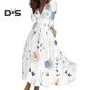 Women Elegant Floral Print Maxi Dress V neck Long Sleeve High Waist Gown Dress A Line Long Dress Streetwear