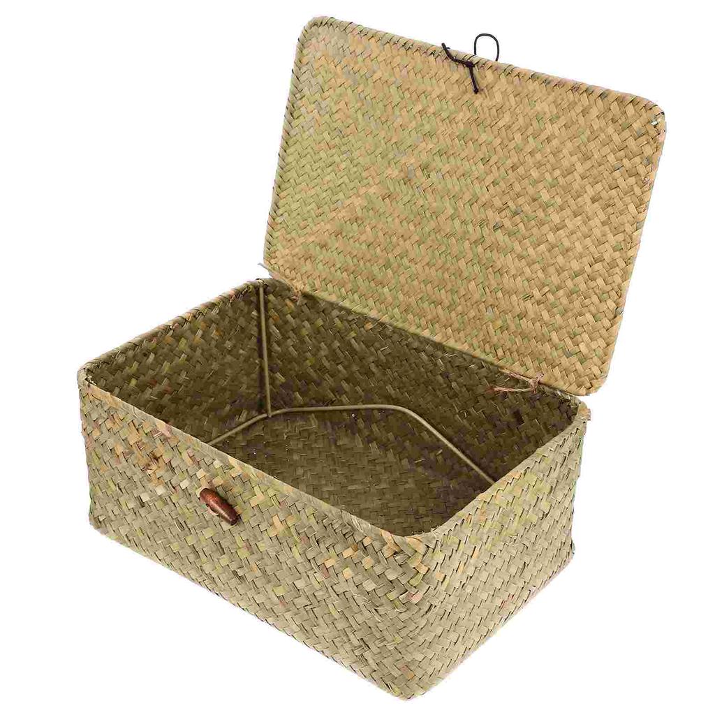 Straw Basket with Lid Rattan Woven Basket Desktop Clothes Sundries Storage Box for Bedroom Home Decor (L)