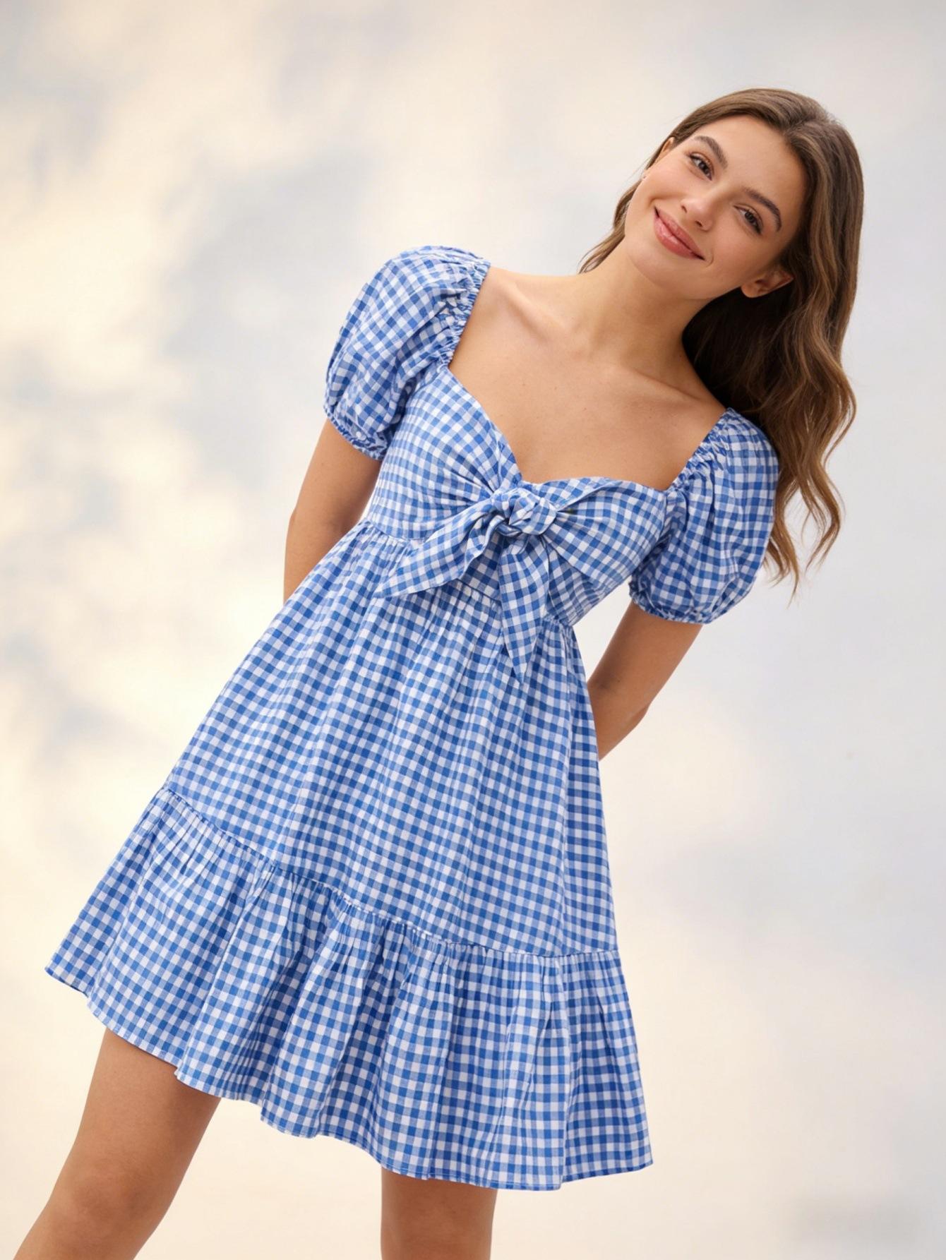 

New French plaid dress women s bubble sleeves waist A-shaped skirt fresh and sweet short skirt summer women s clothing XL