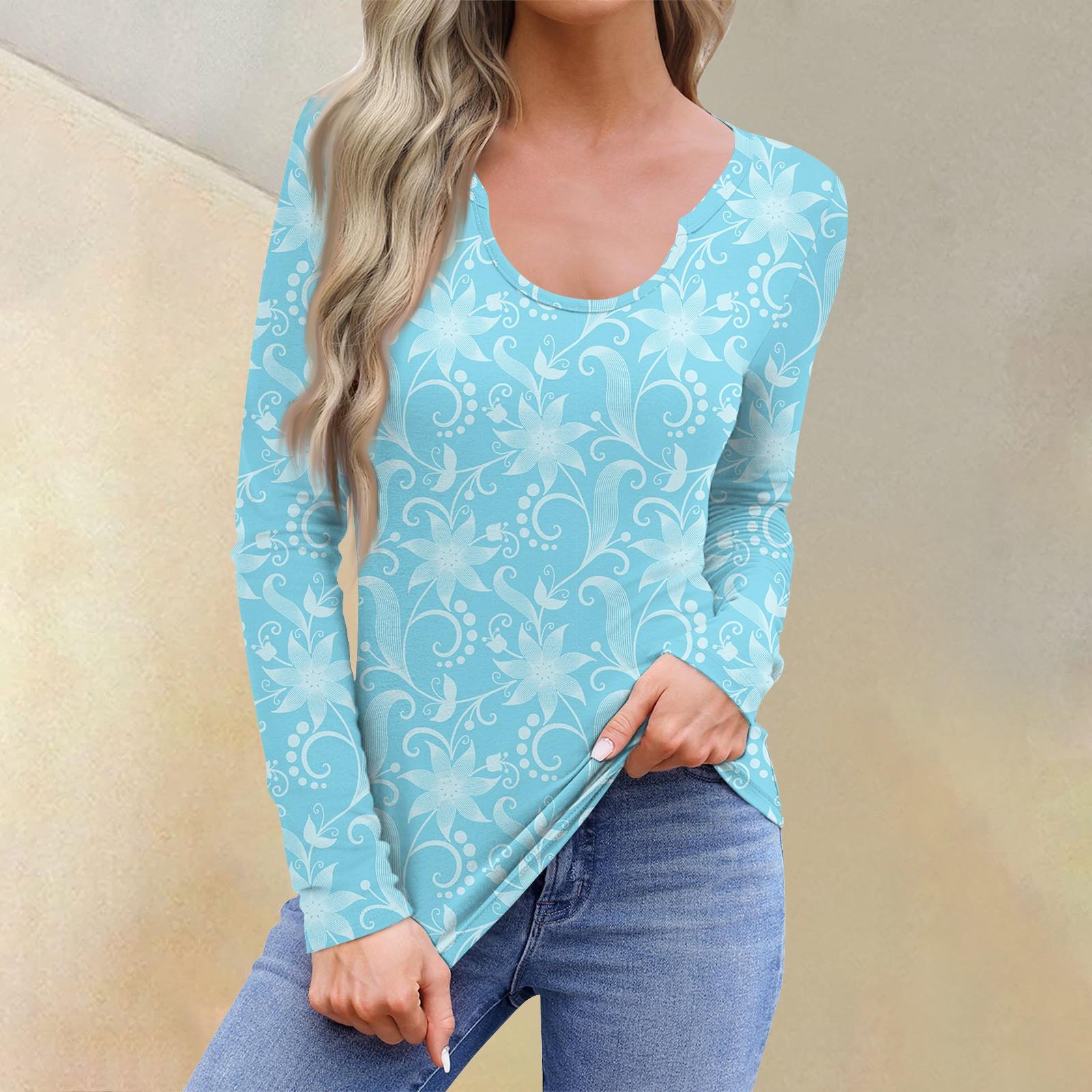 

Женская повседневная модная удобная рубашка с длинным рукавом и U-образным вырезом с цветочным принтом, футболка, топы XL