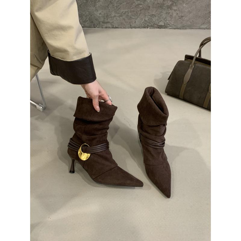 Винтажные остроносые модные ботинки женские 2025 осень и зима Maillard западные ковбойские сапоги замшевые плиссированные нишевые тонкие ботинки 35