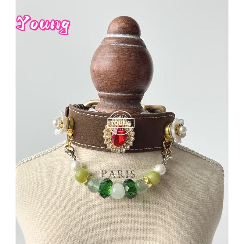 Leather Dog Collar with Detachable Natural Gemstone Charm – Green Fluorite Xiu Jade & Pearl Beaded Pet Necklace Padded Collar