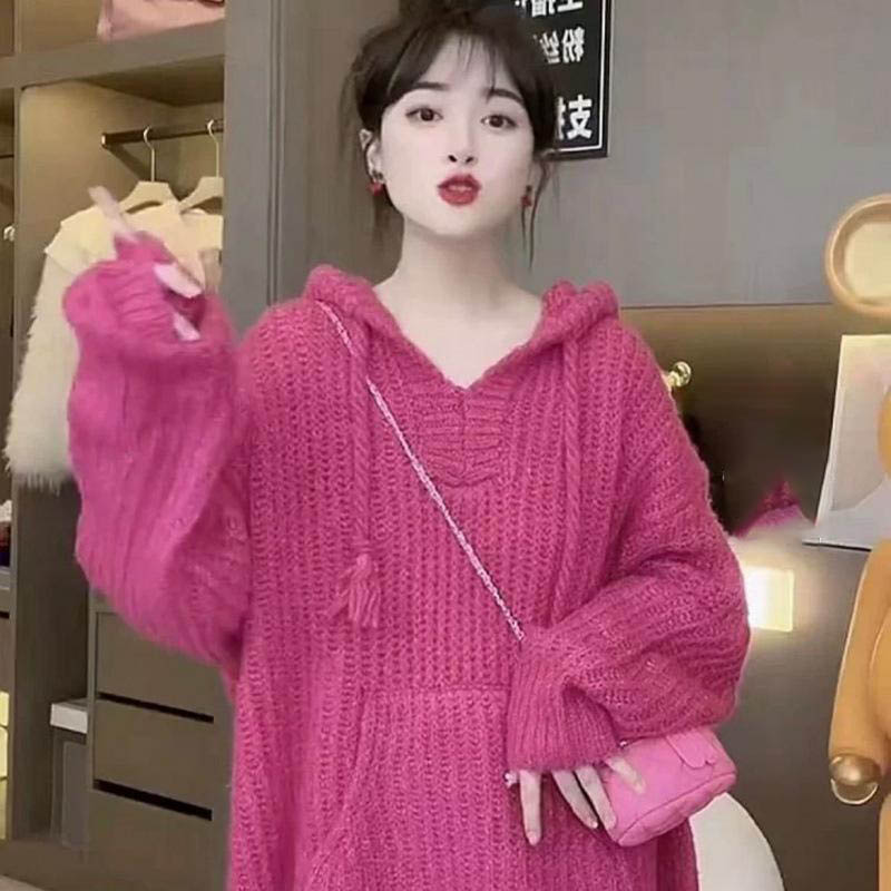 Korean Style Knitted Hoodies Women Spring Autumn Long Sleeves Hooded Sweater Coats Fashion Sweet All-matched Hoodies