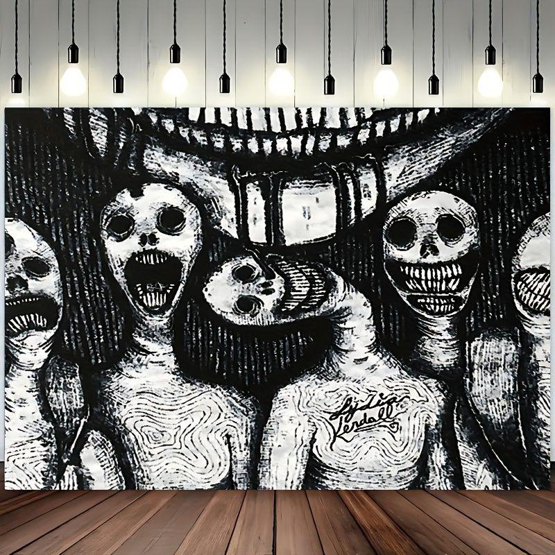Gothic Horror Tapestry Monochrome Creepy Skull Human Body Sketch Wall Blanket for Grunge Dorm Decor
