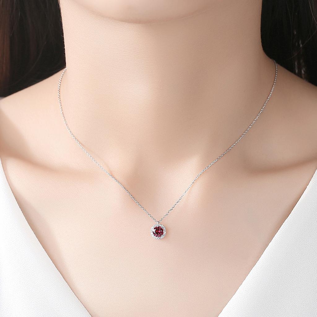OAHLAN Fashion Jewelry 925 Sterling Silver Dainty Round Cut Simulated Ruby Pendant Necklace Halo for Women Girls Valentines Day