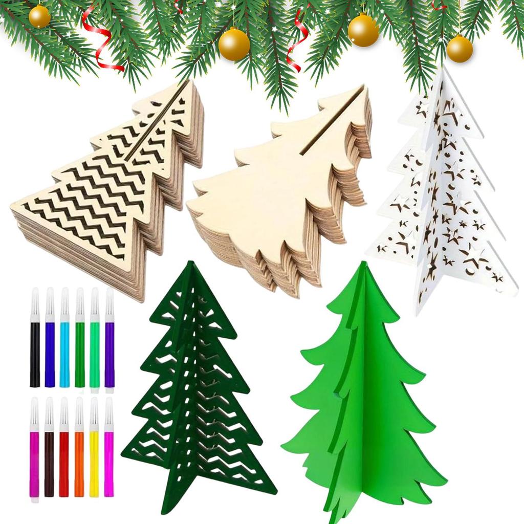 3D Unvollendetes Weihnachtsbaum-Silhouetten-Bastelset Holz-Weihnachtsbaum-Silhouette DIY Holzausschnitt Baum mit Buntstift-Set