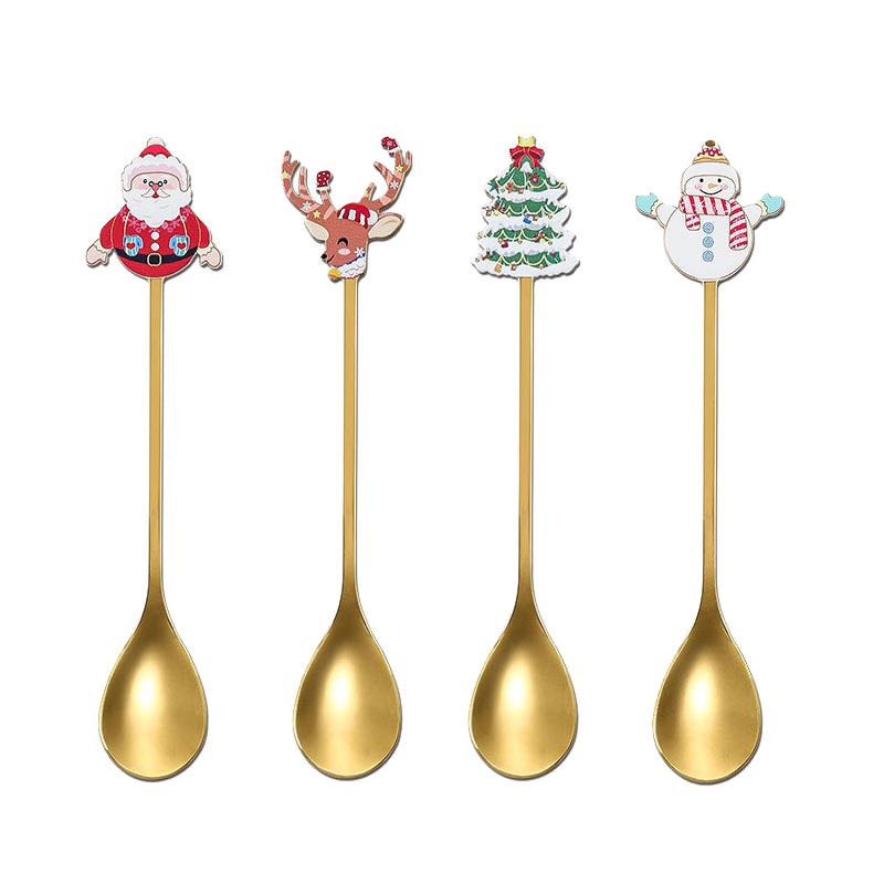 4PCS Christmas Cutlery Coffee Stirring Spoon 304 Stainless Steel Gold Cutlery Santa Dessert Spoon Christmas Gift Kitchenware