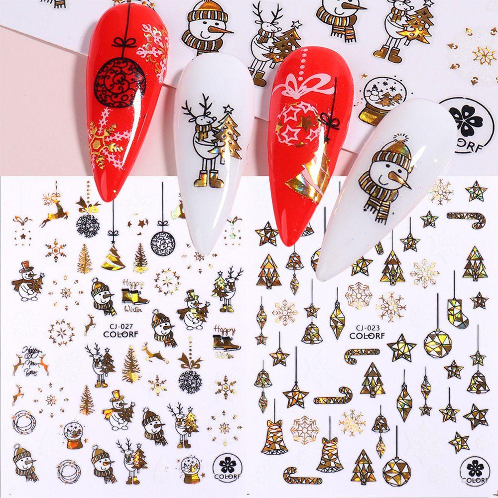 Adhesive Decals Santa Claus Elk New Year Xmas Holographics 3D Glitter Nail Stickers Gold White