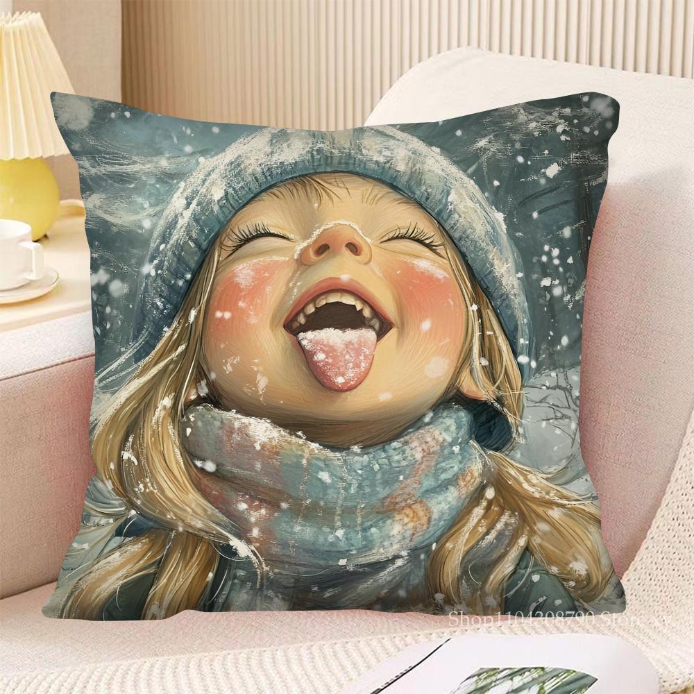 Christmas Snowflake Little Girl Pillow Case Fashion Square Pillowcase Bedroom Sofa Room Ins Decoration Leisure Cushion Cover
