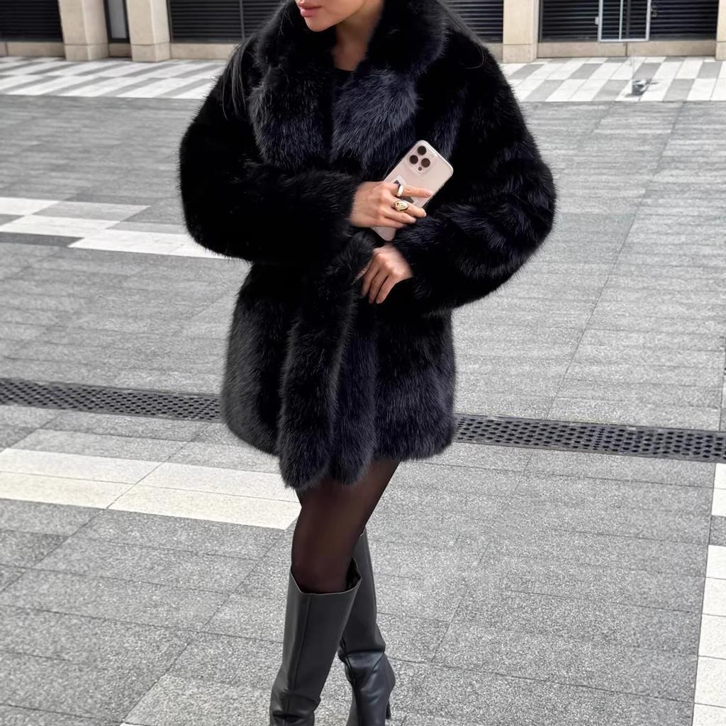 Autumn and winter environmentally friendly artificial fur imitation fur effect medium and long women's jacket suit collar jacket