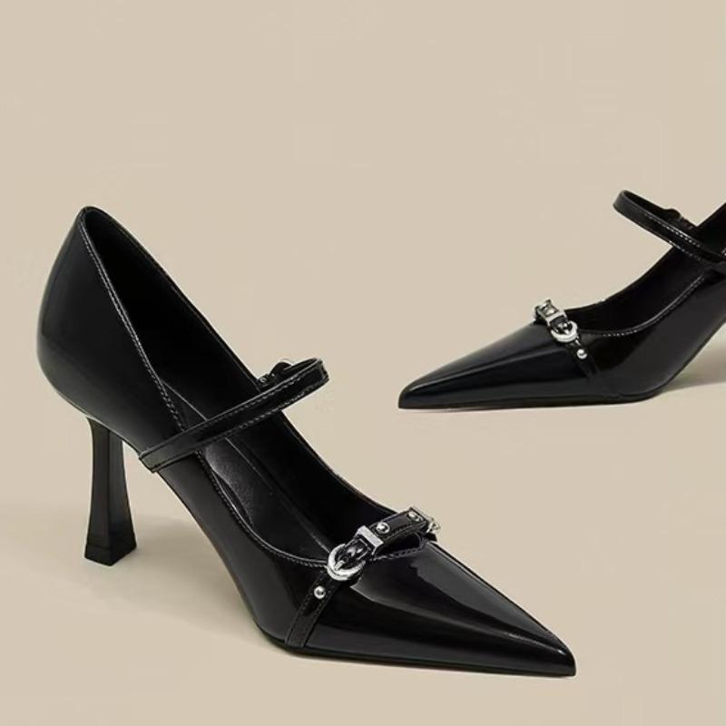 Fashion Metal Buckle Stiletto Single Shoes Women's Fashion Pointed Toe Shallow Mouth Slip Strap Non-Slip High Heels