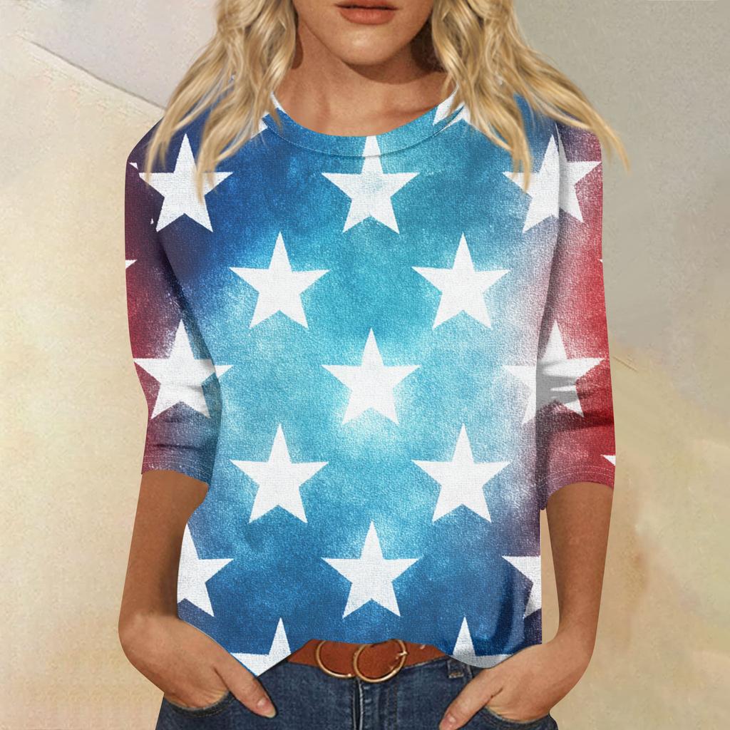Women's Fashion Casual Seven-Sleeve Independence Day Print Round Neck Top