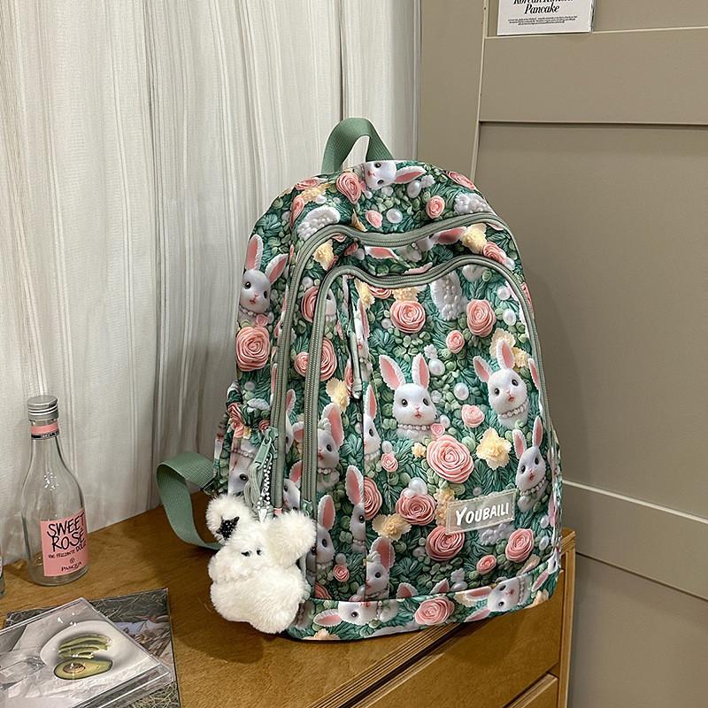 Cute Flower Rabbit Panda Cat Pattern Student Backpack With Pendant For Casual Travel And School Use Large