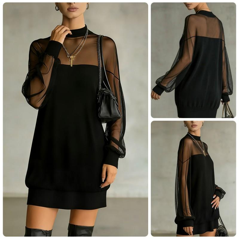 Semi-sheer Mesh Mini Dress Long Sleeve Loose Fit Casual Women