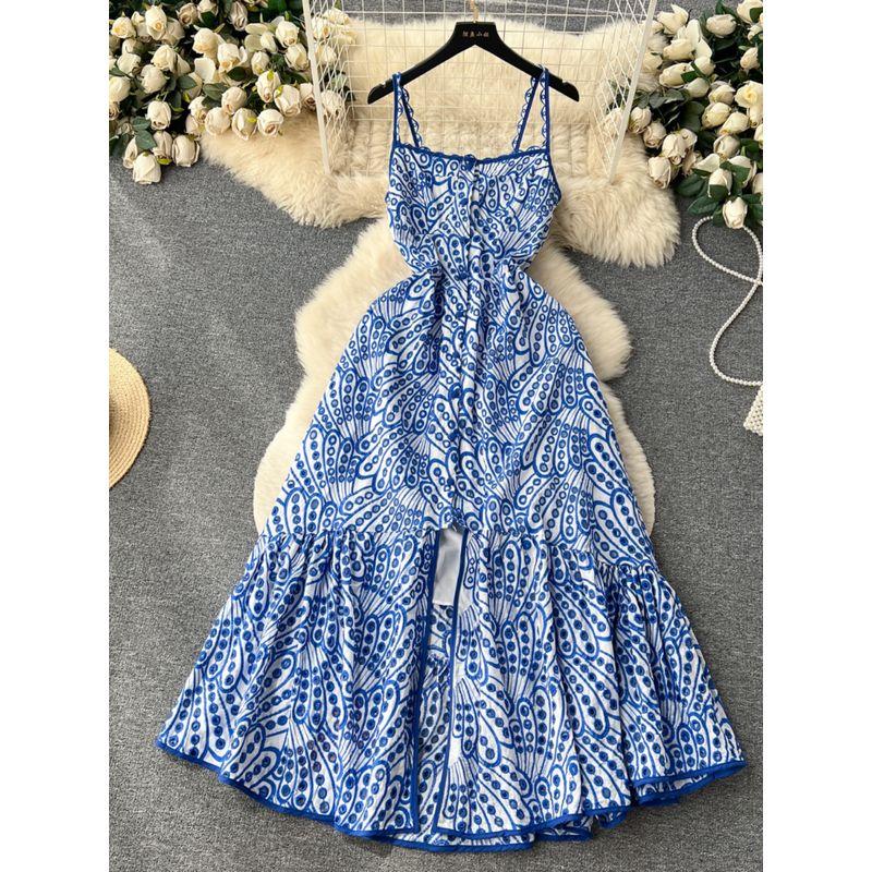Seaside Vacation Style Printing Slip Dress Women's Summer Cut Out Split Stylish Niche Style Chic Fairy Long Dress