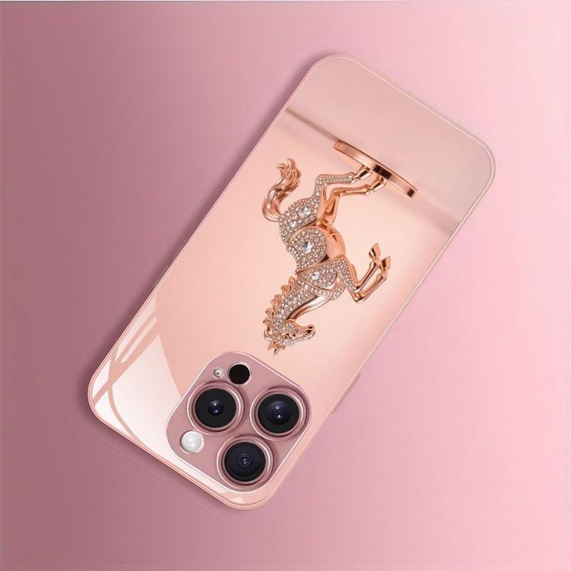 Cute Horse Pattern Pink Metallic Tempered Glass Phone Case For iPhone 11 12 13 14 15 16 17 Pro Max 15 14 Plus 17 Air 16E Cover