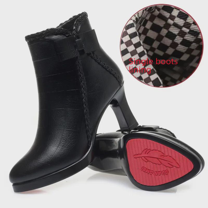 Женские ботильоны на высоком каблуке с острым носком: Мода осень/зима, толстая платформа, водонепроницаемый, дизайн с бантом, плюс бархат 40