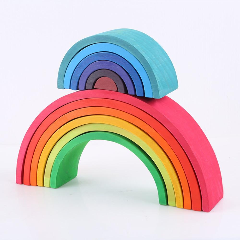 12 Pcs Rainbow Blocks Toys Tunnel Stacker Creative Wooden Rainbow Stacker Nesting Montessori Building Blocks Educational Toys