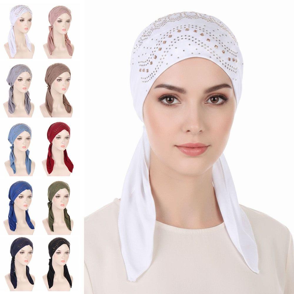Solid Color Muslim Headscarf Hat Thin Summer Rhinestone Hijab Caps Ramadan