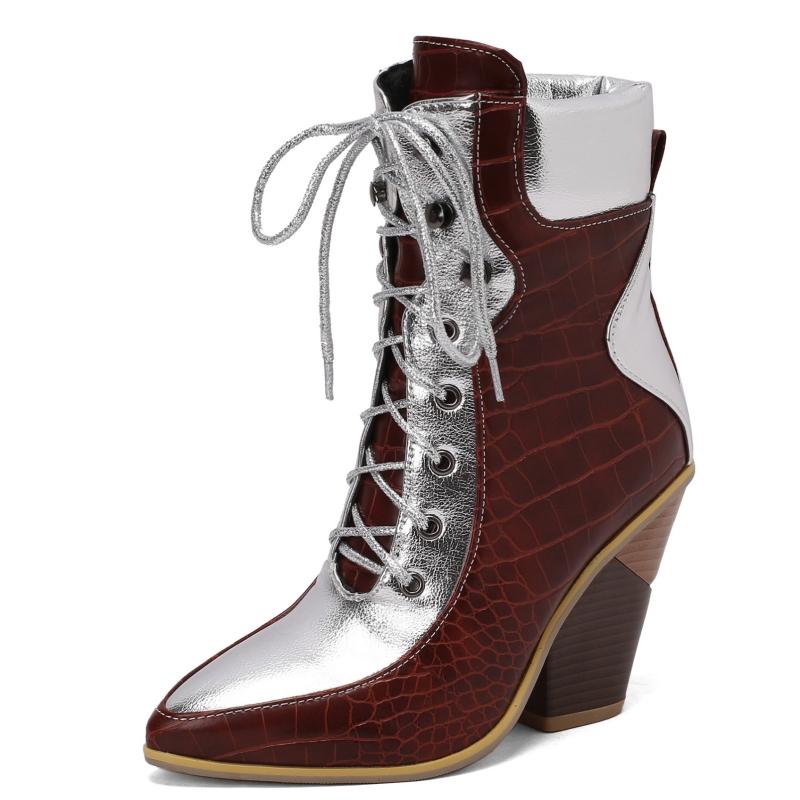 

Модные ботильоны на шнуровке, короткие туфли, женская мода, туфли на танкетке, пэчворк, осень-зима, ковбойские сапоги для девушек-ковбоев, большой размер 48, обувь 39 вино красного