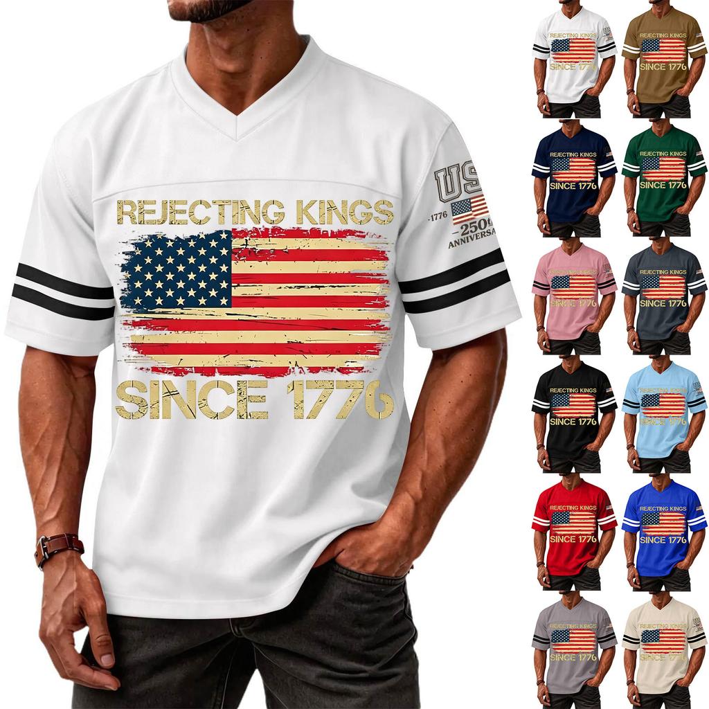 Men's Casual V Neck Short Sleeve Sports T Shirt with Flag and Independence Day Print Suitable for Daily Wear and Outdoor Activities