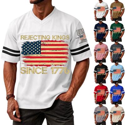 Men's Casual V Neck Short Sleeve Sports T Shirt with Flag and Independence Day Print Suitable for Daily Wear and Outdoor Activities