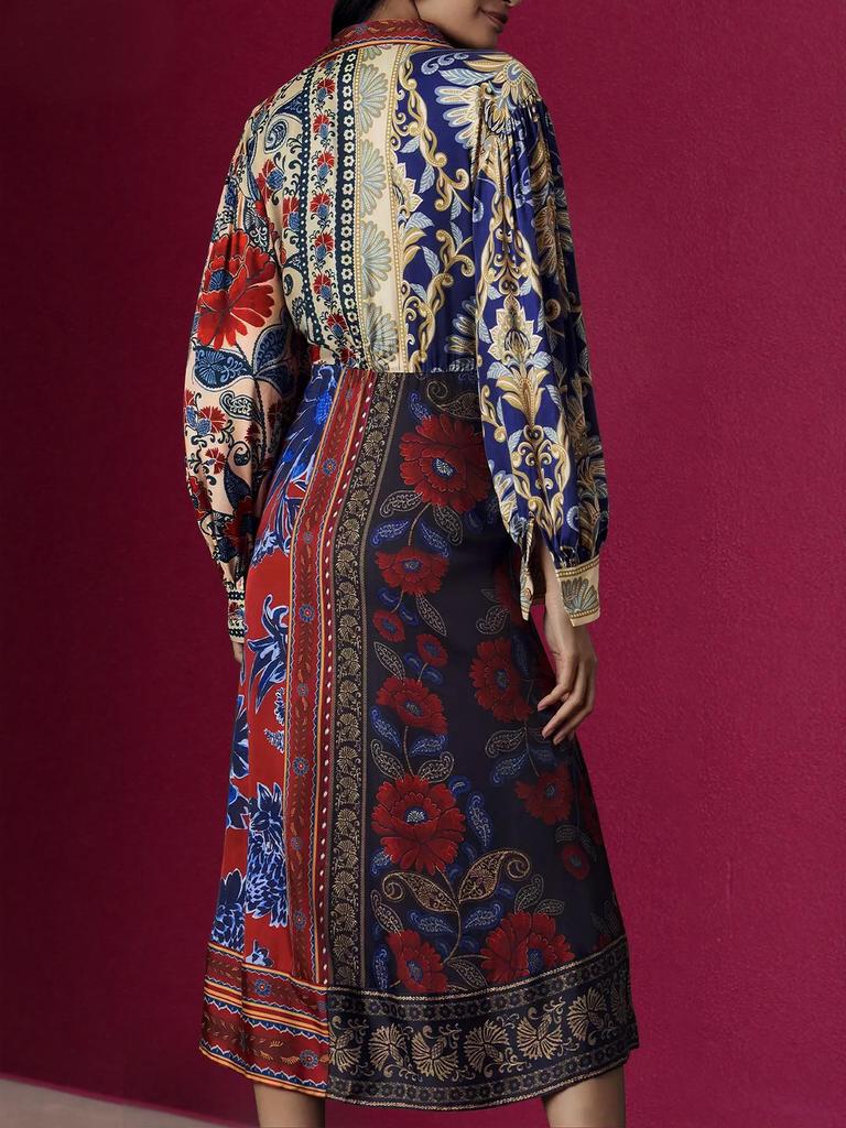Women's Ethnic Style Printed Lapel Dress with Lace-Up - Mid-Length Banquet Attire
