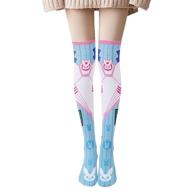 Japanese Anime Lolita Thigh High Stockings Women Girls Sweet Kawaii Cartoon Rabbit for Cat Geometry Striped Print Cosplay Over