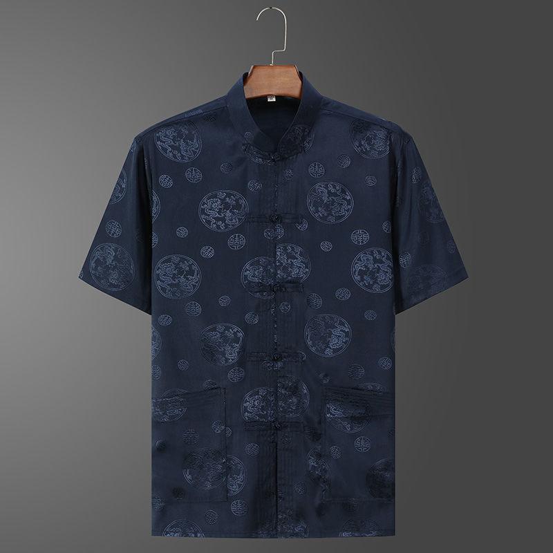 Chinese Stand Collar Ice Silk Tang Suit Men Short Sleeve Vintage Hanfu Clothing Hand Button Cheongsam Casual Dragon Kong Fu Clothes