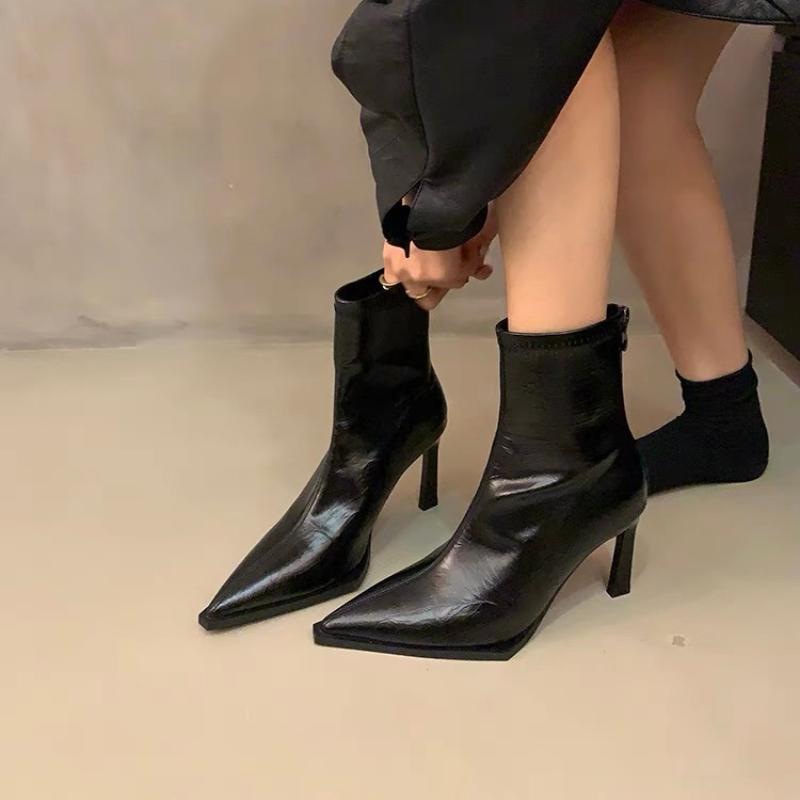 Pointed Toe Ankle Boots Women's Single Boots British Style 2025 Autumn New High Heel Soft Leather Ankle Boots