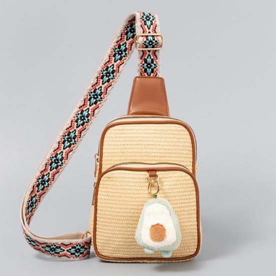 Women Crossbody Pack Straw Woven Chest Bag with Ethnic Strap Boho Shoulder Bag Crossbody Purse for Travel Vacation Street