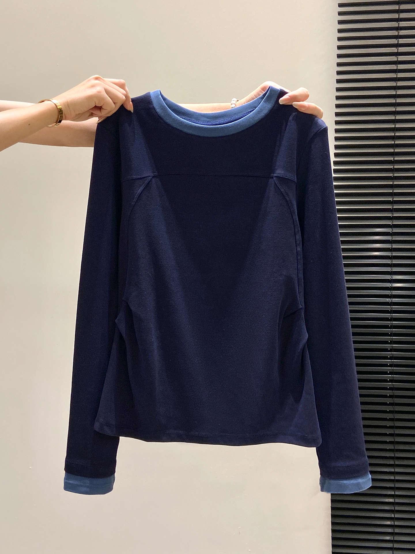 

Pleated Waist-Cinched Color Block Long Sleeve Women s Top - Round Neck, Stylish and Chic for Autumn, Winter, and Spring M Темно-синій